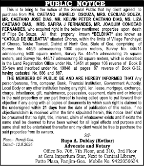 Public Notice of Intended Property Purchase in Chorao, Goa