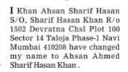 PUBLIC NOTICE OF LEGAL NAME CHANGE - KHAN AHSAN SHARIF HASAN