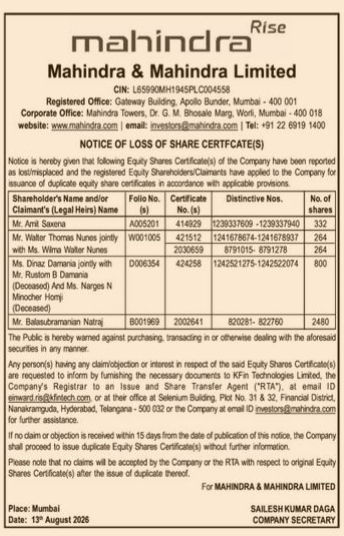 Public Notice of Loss of Share Certificates - Mahindra & Mahindra Limited
