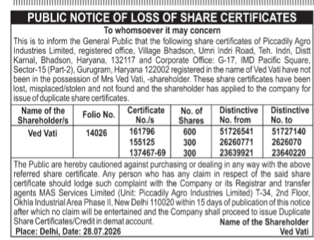 Public Notice of Loss of Share Certificates - Piccadily Agro Industries Limited