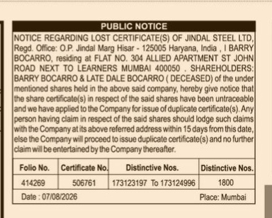 PUBLIC NOTICE OF LOST CERTIFICATE