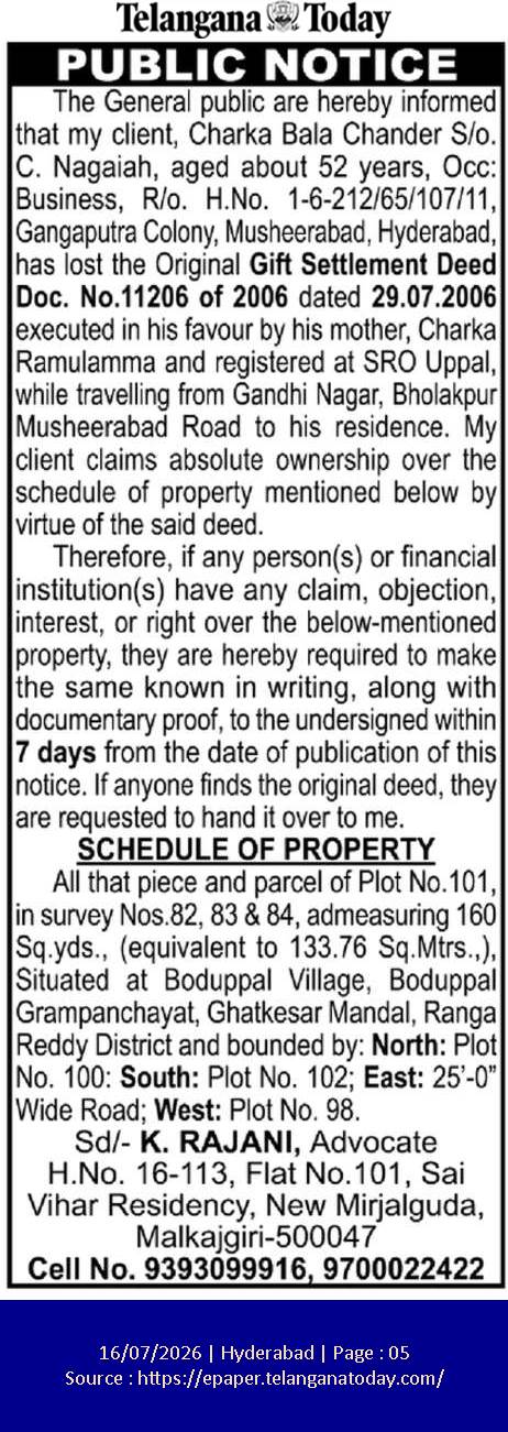Public Notice of Lost Gift Settlement Deed for Plot 101, Boduppal