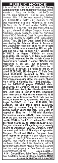 Public Notice of Lost Property Documents and Mortgage