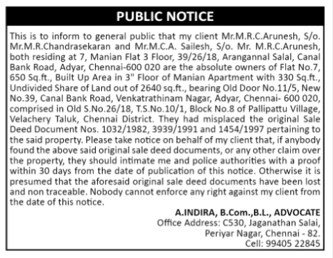 Public Notice of Lost Sale Deed Documents