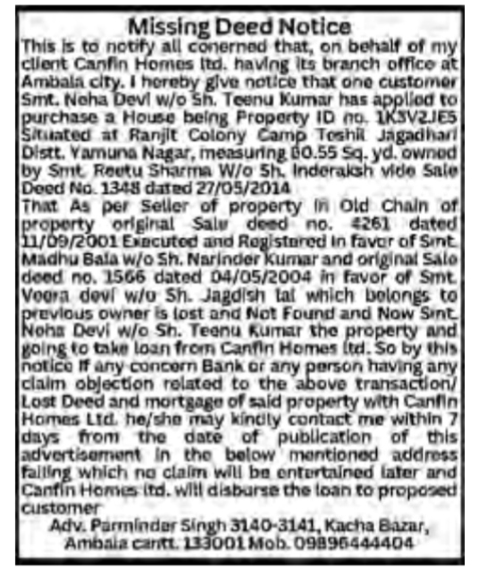 Public Notice of Lost Sale Deeds and Loan Application