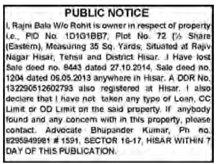 Public Notice of Lost Sale Deeds