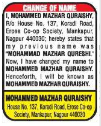 Public Notice of Name Change Advertisment- Mohammed mazhar quraishy