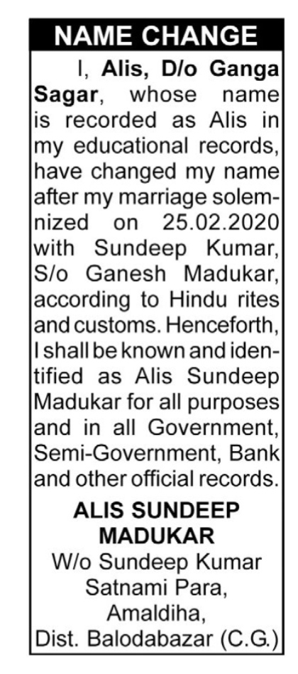Public Notice of Name Change After Marriage- ALIS SUNDEEP MADUKAR