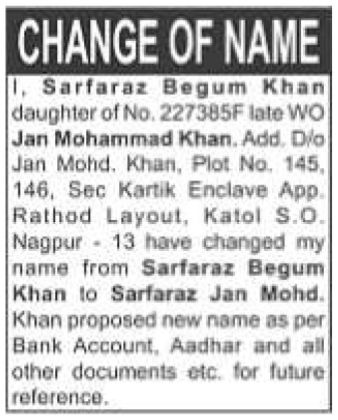 PUBLIC NOTICE OF NAME CHANGE - SARFARAZ BEGUM KHAN