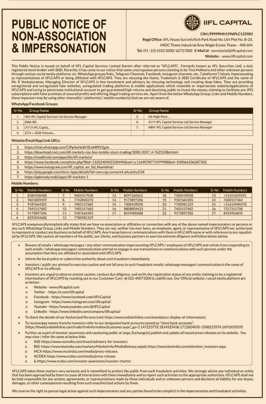 Public Notice of Non-Association & Impersonation by IIFL Capital Services Limited