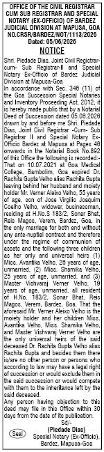 Public Notice of Notarial Deed of Succession (Bardez, Goa)
