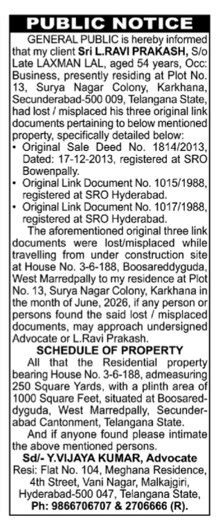 Public Notice of Property Agreement of Sale