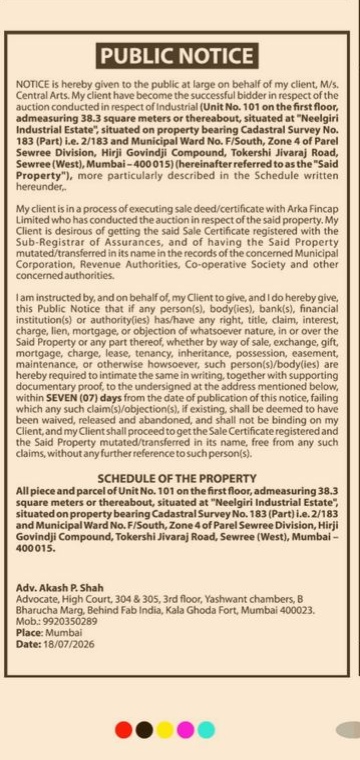 Public Notice of Property Auction Success and Sale Certificate Registration