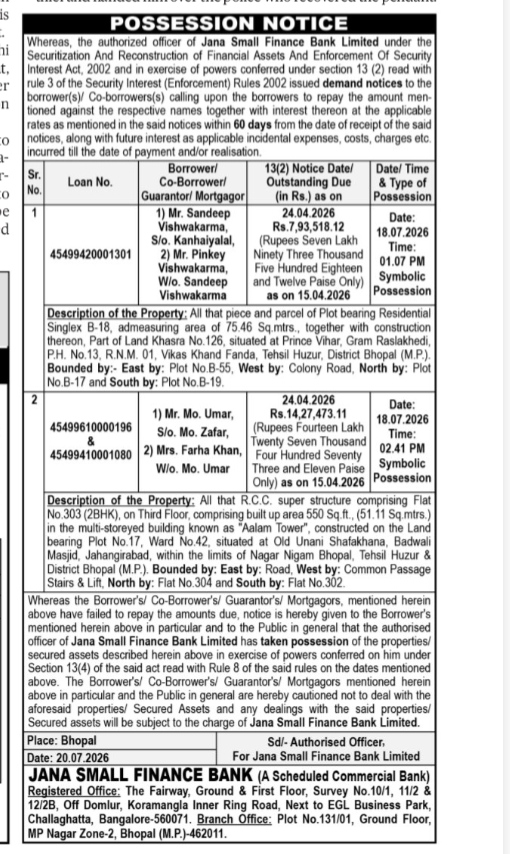 Public Notice of Property Possession – Bhopal