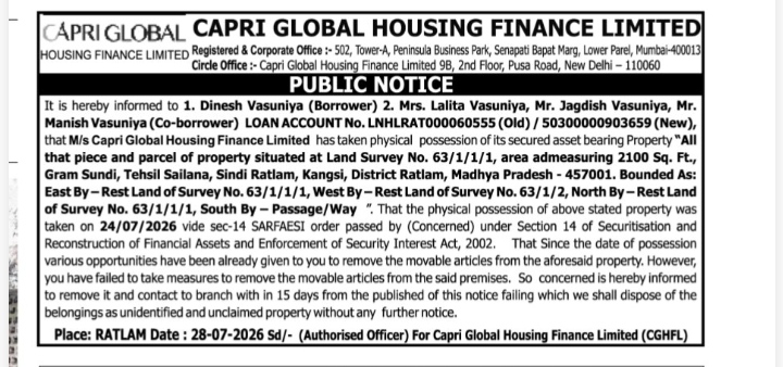 Public Notice of Property Possession by Capri Global Housing Finance Limited
