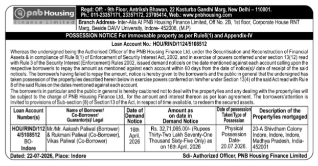 Public Notice of Property Possession - PNB Housing Finance Limited