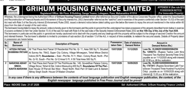 Public Notice of Property Possession under SARFAESI Act
