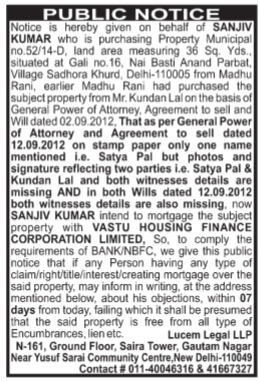 Public Notice of Property Purchase and Intended Mortgage