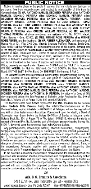 Public Notice of Property Purchase (Plot No. E, Tivim, Goa)