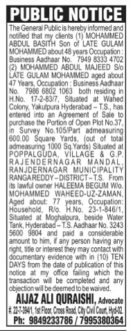 Public Notice of Property Sale Agreement