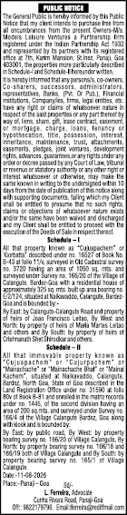 Public Notice of Property Sale – Calangute, Goa