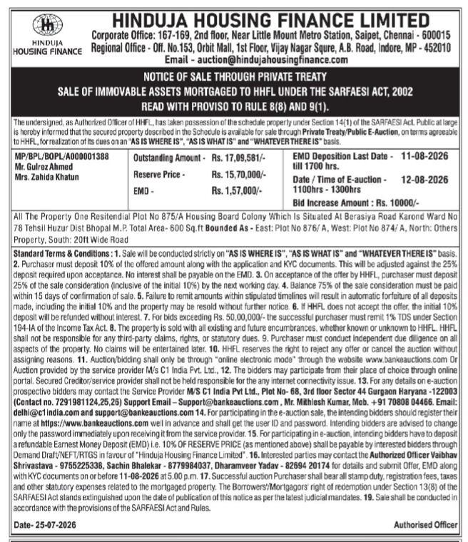 Public Notice of Property Sale under SARFAESI Act by Hinduja Housing Finance Limited