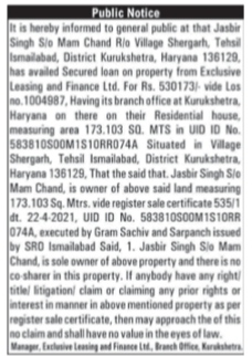 Public Notice of Property Secured Loan by Exclusive Leasing and Finance Ltd
