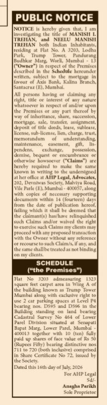 Public Notice of Property Title Investigation for Trump Tower Mumbai Flat 3203