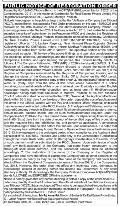 Public Notice of Restoration Order for Gordhanlal Rai Real Estates Private Limited