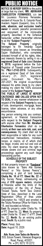 Public Notice of Sole Ownership - Property in Ribandar, Goa