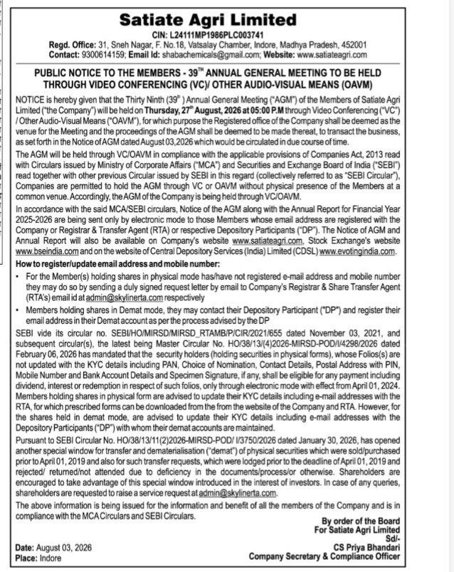 Public Notice of the 39th AGM of Satiate Agri Limited