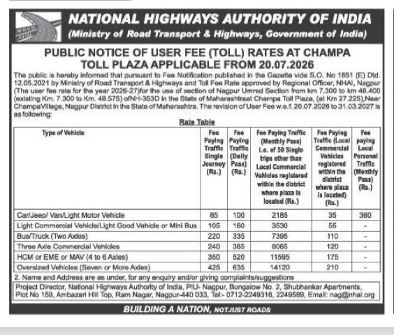 Public Notice of User Fee (Toll) Rates at Champa Toll Plaza (Applicable from 20.07.2026)