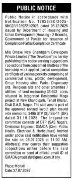 Public Notice: Omaxe New Chandigarh Partial Completion Objections