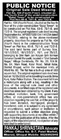 Public Notice: Original Sale Deed Missing for Flat No. 404, Balaji Tower, Bhopal
