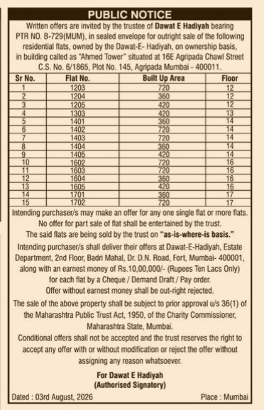 Public Notice: Outright Sale of Residential Flats in Ahmed Tower, Mumbai