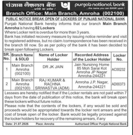 Public Notice: Overdue PNB Locker Auction & Break Open