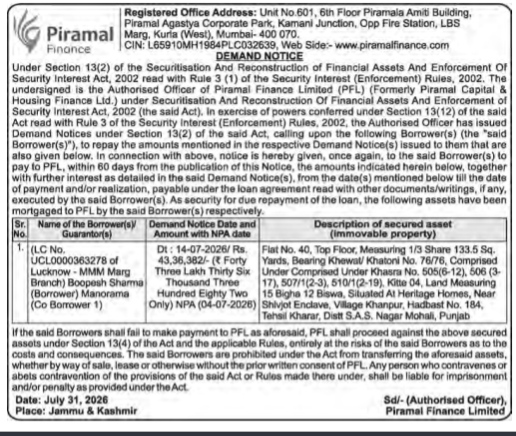 Public Notice: Piramal Finance Loan Default