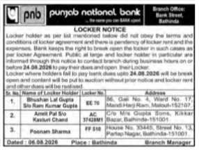 Public Notice: PNB Locker Rent Default