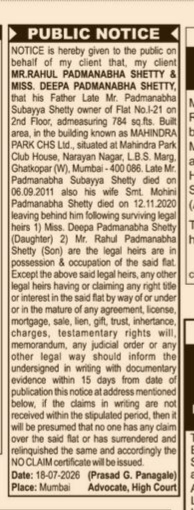 Public Notice - Property Claim (Flat I-21, Mahindra Park CHS)