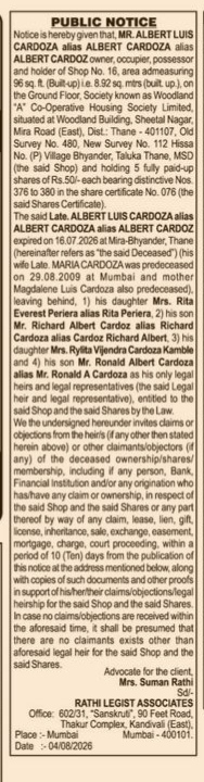 Public Notice - Property Claims: Shop No. 16, Woodland "A" CHS