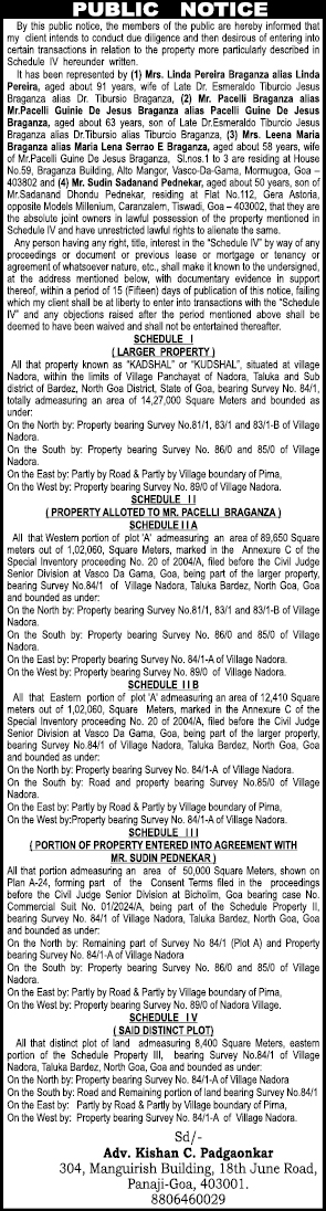 Public Notice: Property Due Diligence and Title Verification (Nadora, Goa)