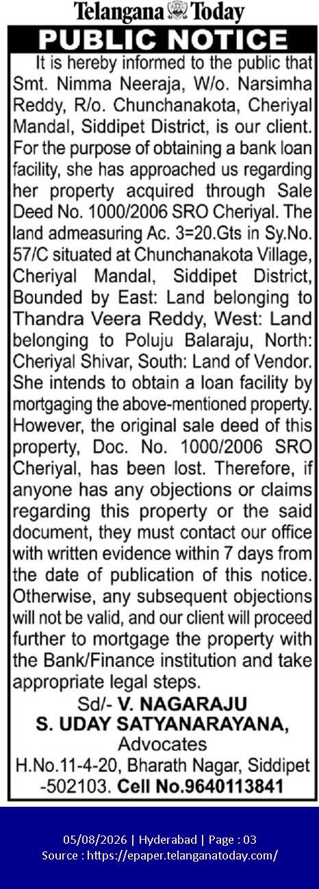 Public Notice: Property Mortgage and Lost Sale Deed Announcement