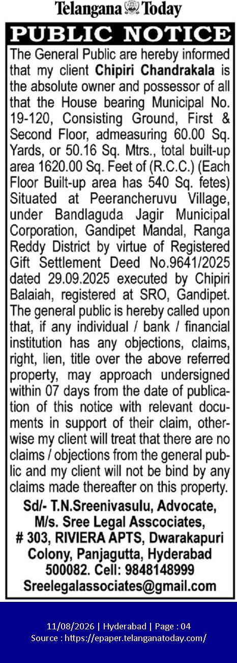 Public Notice: Property Ownership and Claim Invitation for Chipiri Chandrakala
