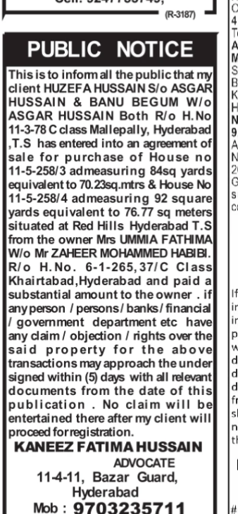 Public Notice: Property Purchase Agreement in Red Hills, Hyderabad