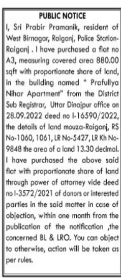 Public Notice: Property Purchase by Sri Prabir Pramanik
