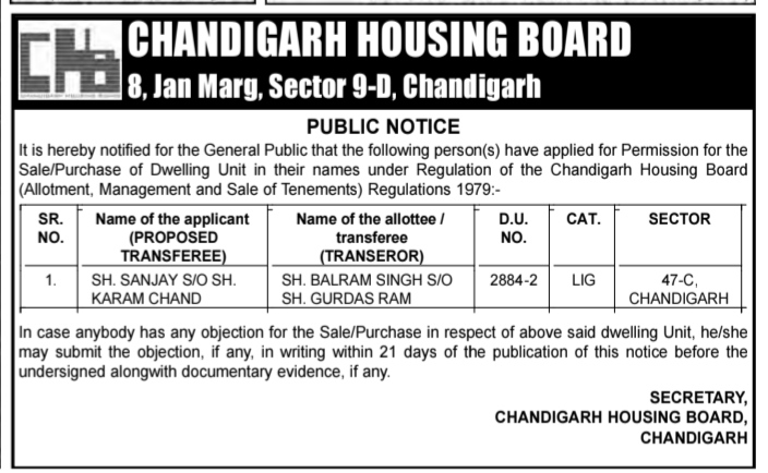 Public Notice: Property Sale/Purchase Application (Chandigarh Housing Board)