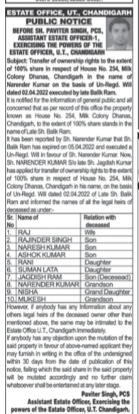 Public Notice: Property Transfer Request for House No. 254, Milk Colony Dhanas, Chandigarh