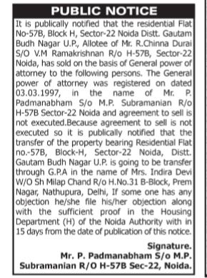 Public Notice: Property Transfer via GPA for Flat 57B, Sector-22, Noida