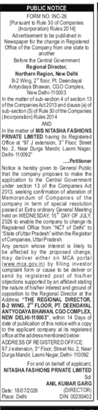 Public Notice: Proposed Change of Registered Office of M/S Nitasha Fashions Private Limited