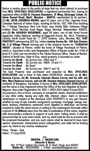 Public Notice: Proposed Property Purchase by M/S. Opulence Developers in Pilerne, Goa